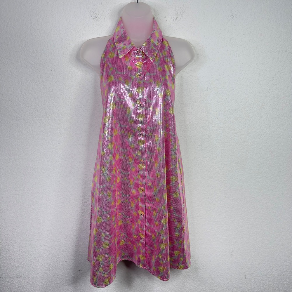 Queen of Sparkles Dress Womens M Pink Sequin Halter Sparkly Disco Party